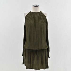 Ramy Brook Lauren Cold‎ Shoulder Dress XXS Olive Green Pleated Earthy Ethereal